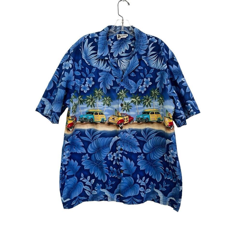 Aloha Hawaiian Republic Panoramic Woody Cars Beach Shirt Made in USA Size XL
